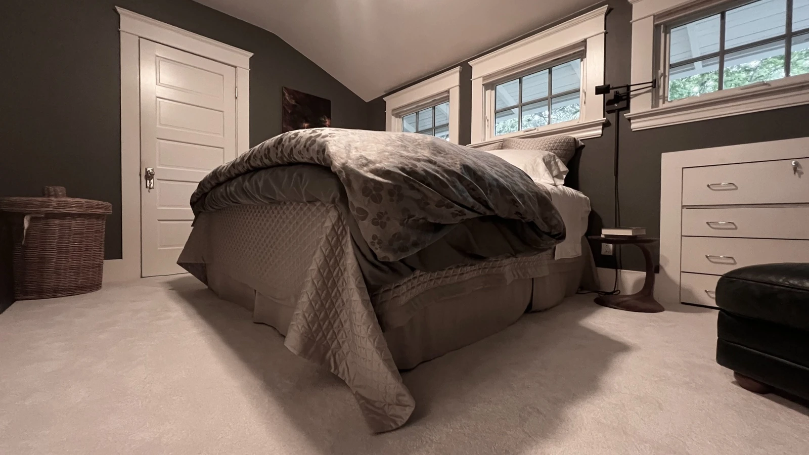 medium pile, dense, white carpet in a bedroom  